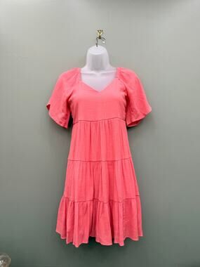SO Coral Pink Tiered Mini Dress XS Flutter Sleeve Babydoll Cottagecore